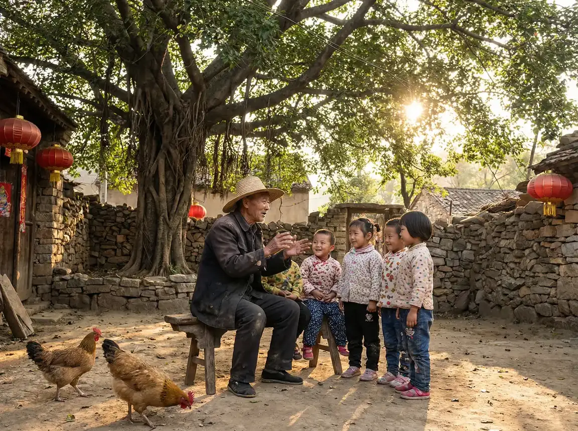 老人在大榕树下给孩子们讲故事 - 上上签电子签约 乡村记忆
